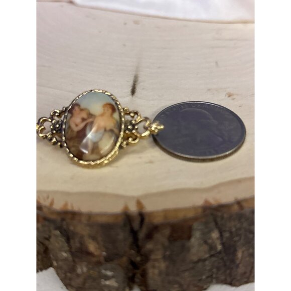 Vintage Porcelain Brooch Gilded Nude Maidens, Rococo Revival Pin Ornate Gold Ton - Picture 11 of 11